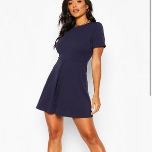 Navy Pleat Front Skater Dress